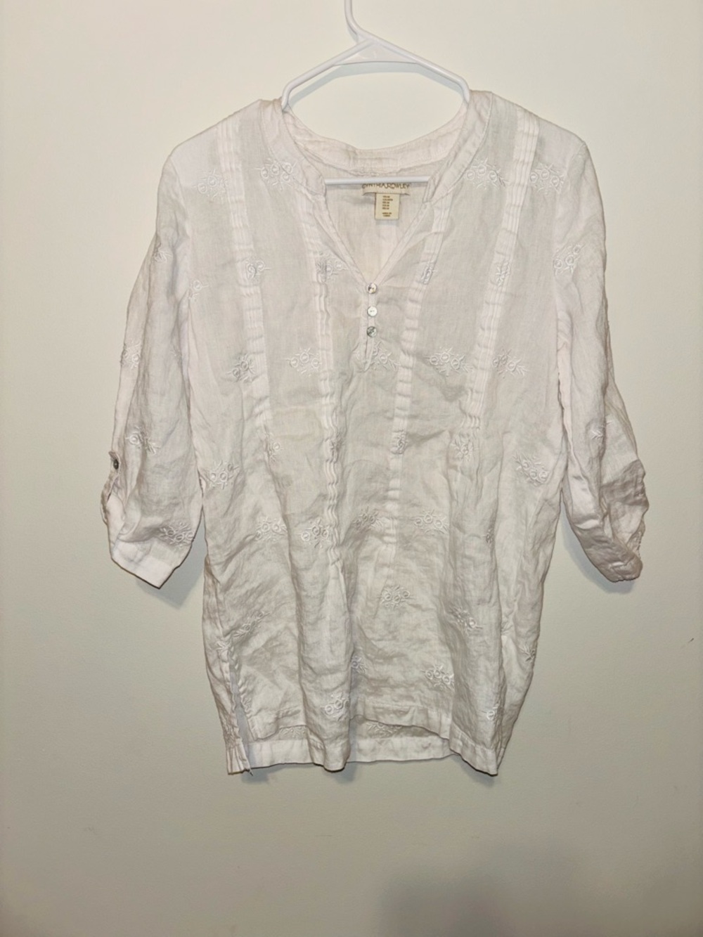 Cynthia Rowley White Embroidered Button-Down Linen Tunic Shirt Size Medium